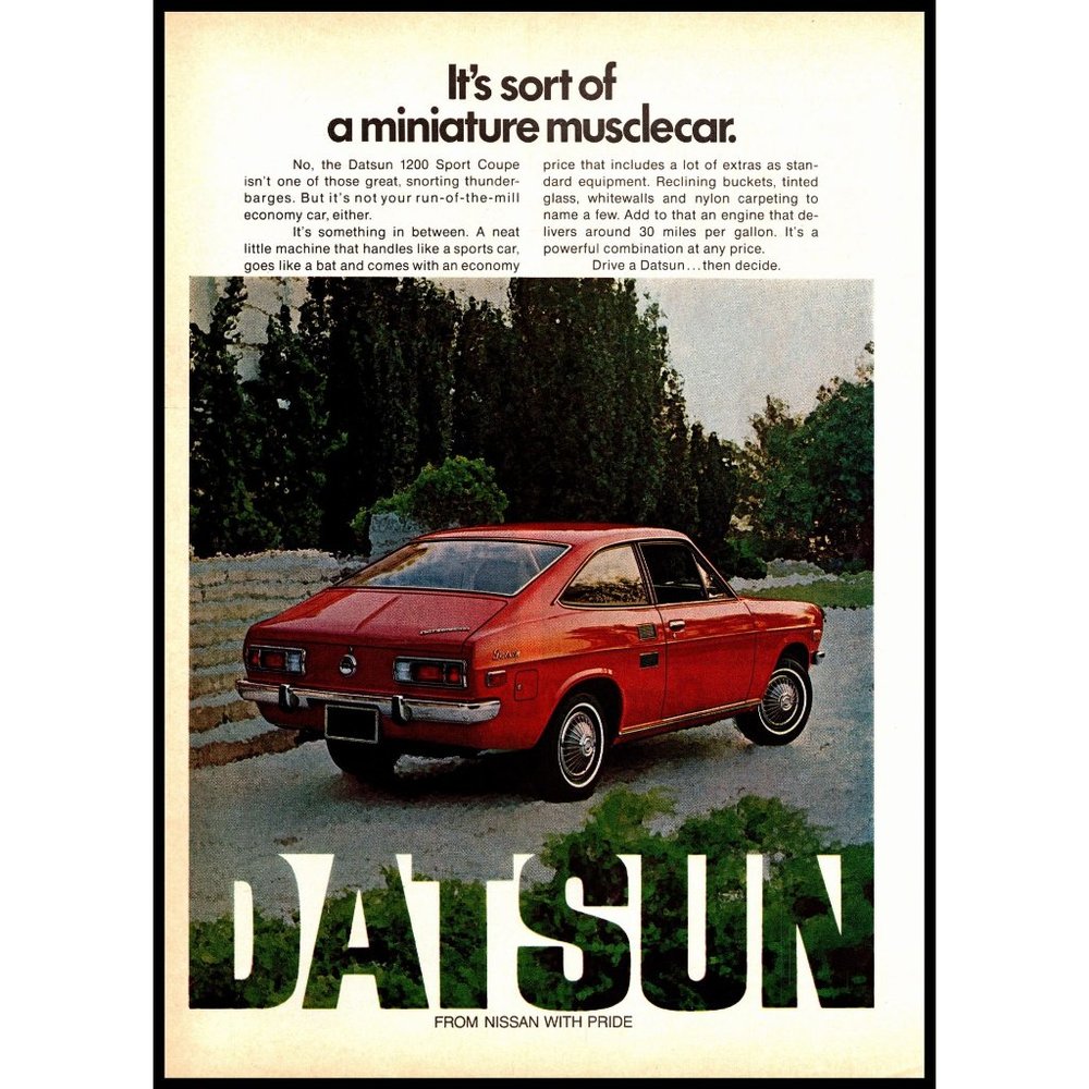 1972 Datsun 1200 Red Sports Car Vintage Print Ad Garden Trees Nissan Wall Art
